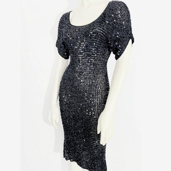Vintage Y2K Black Crochet Knit Dress with Sequins / size Small - Picture 2 of 10